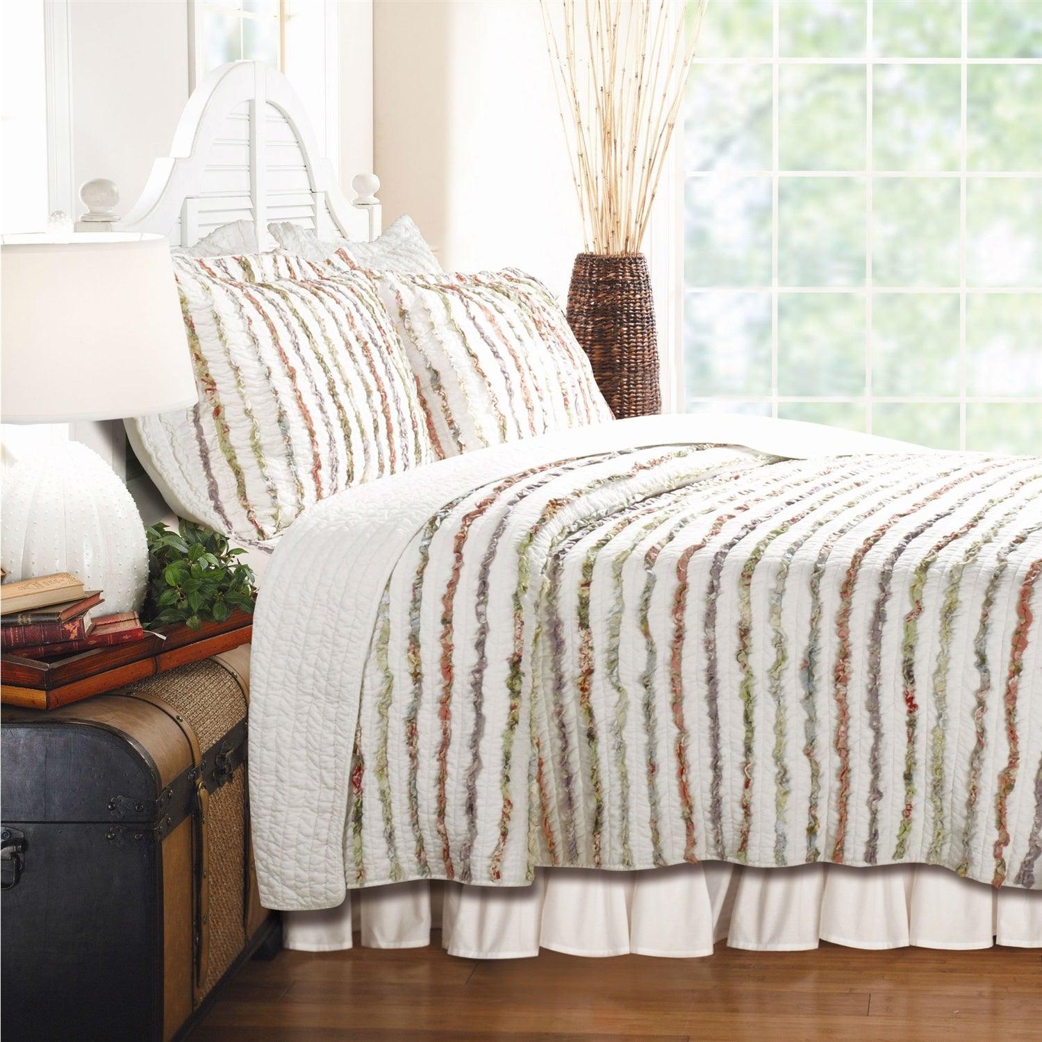 Full / Queen 100% Cotton Quilt Set Ruffled Multi-color Stripes - PRHOMZ