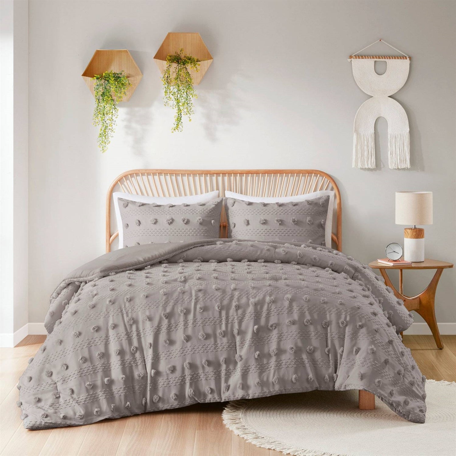 King/Cal King 3-Piece Grey Microfiber Comforter Set with Decorative Pompoms-0