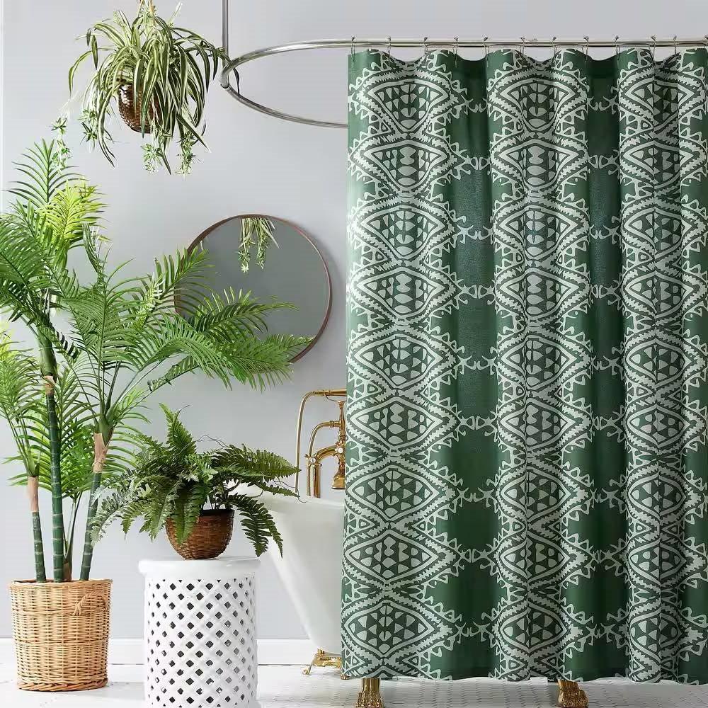 72 x 72 inch Cotton Poly Shower Curtain with Green White Geometric Motif Pattern - PRHOMZ