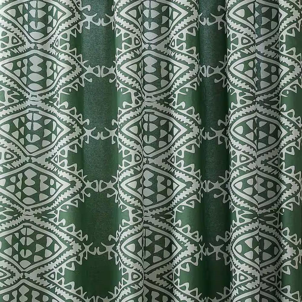 72 x 72 inch Cotton Poly Shower Curtain with Green White Geometric Motif Pattern - PRHOMZ