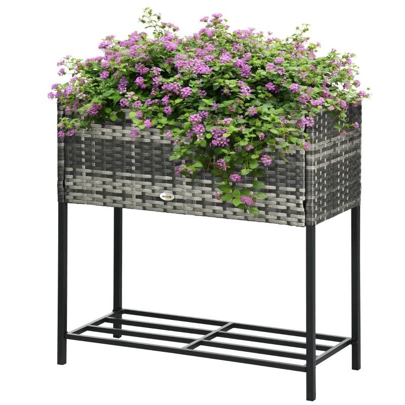 Grey Modern PE Rattan Wicker Raised Garden Bed Elevated Planter Box-0