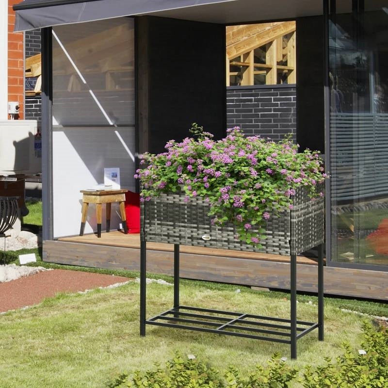 Grey Modern PE Rattan Wicker Raised Garden Bed Elevated Planter Box-1