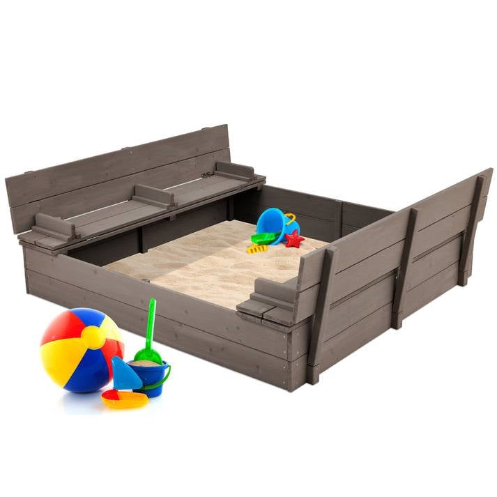 Sturdy Cedar Wood Kids Outdoor Sandbox with Benches in Grey Finish-0