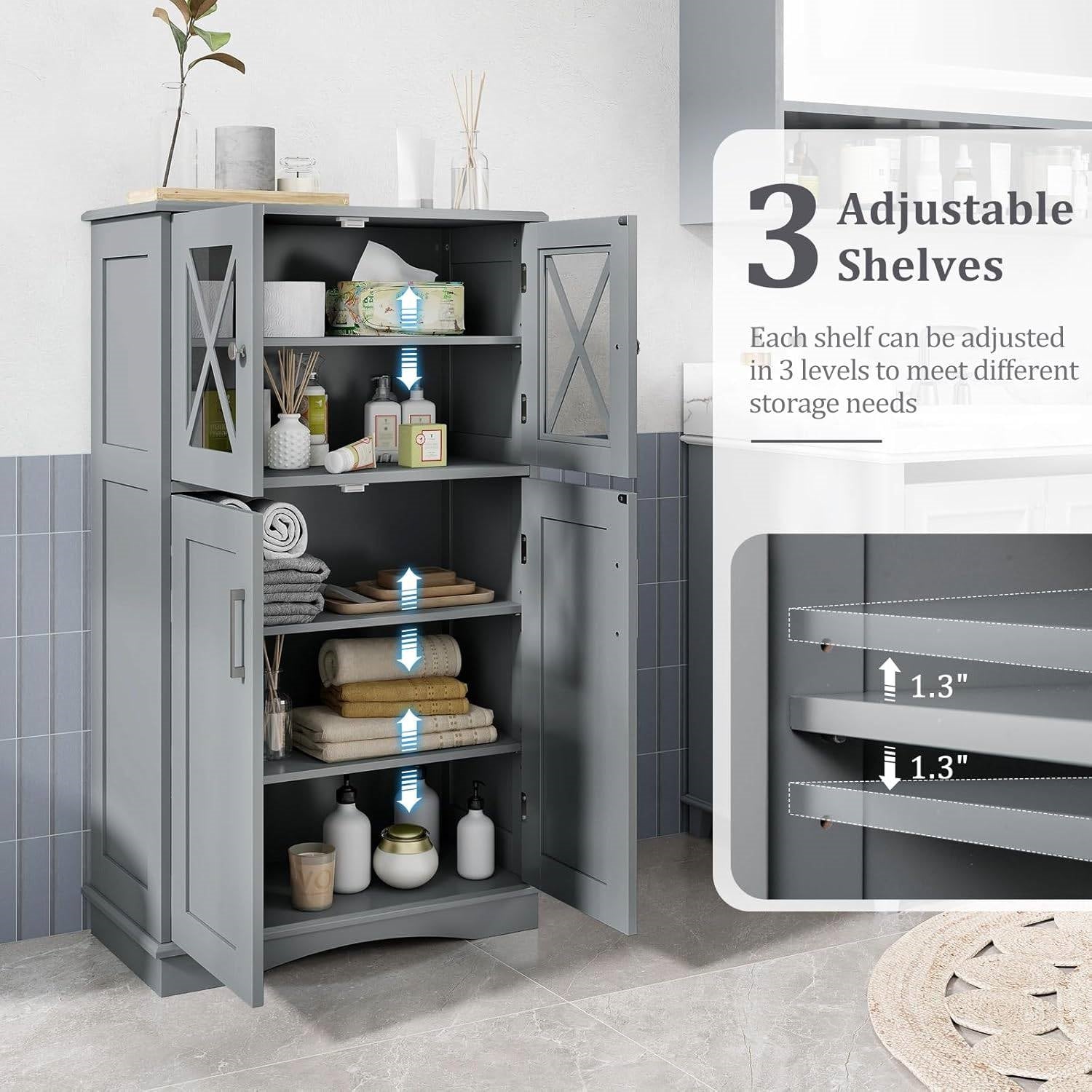 Grey Bathroom Towel Linen Cabinet with Glass Doors and Storage Shelves-2