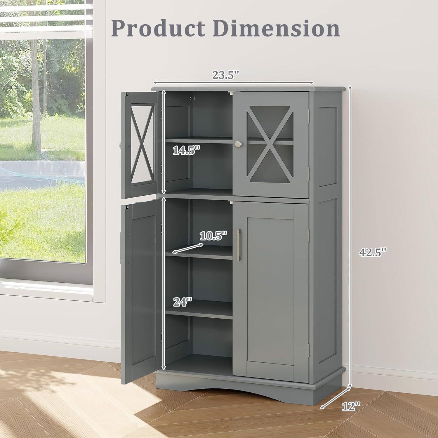 Grey Bathroom Towel Linen Cabinet with Glass Doors and Storage Shelves-4