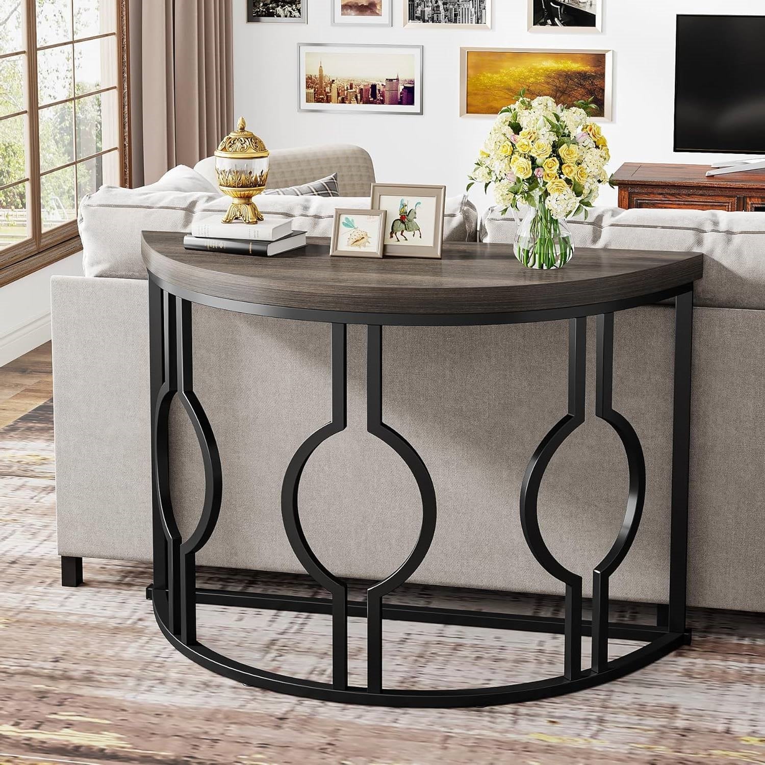 Modern 43-inch Half Moon Accent Sofa Table with Grey Wood Top Black Frame-0