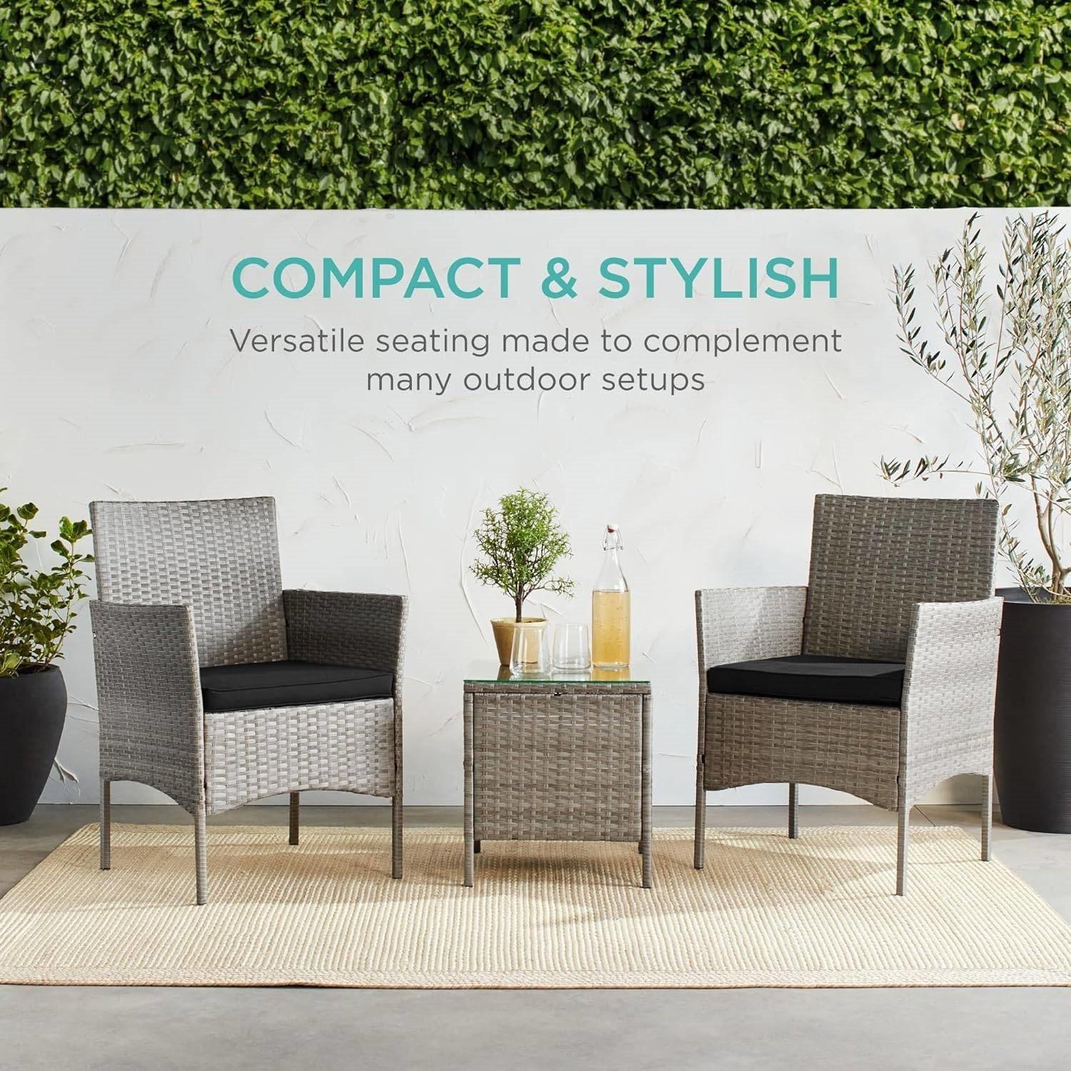 3-Piece Grey PE Wicker Outdoor Patio Furniture Dining Set with Black Cushions - PRHOMZ