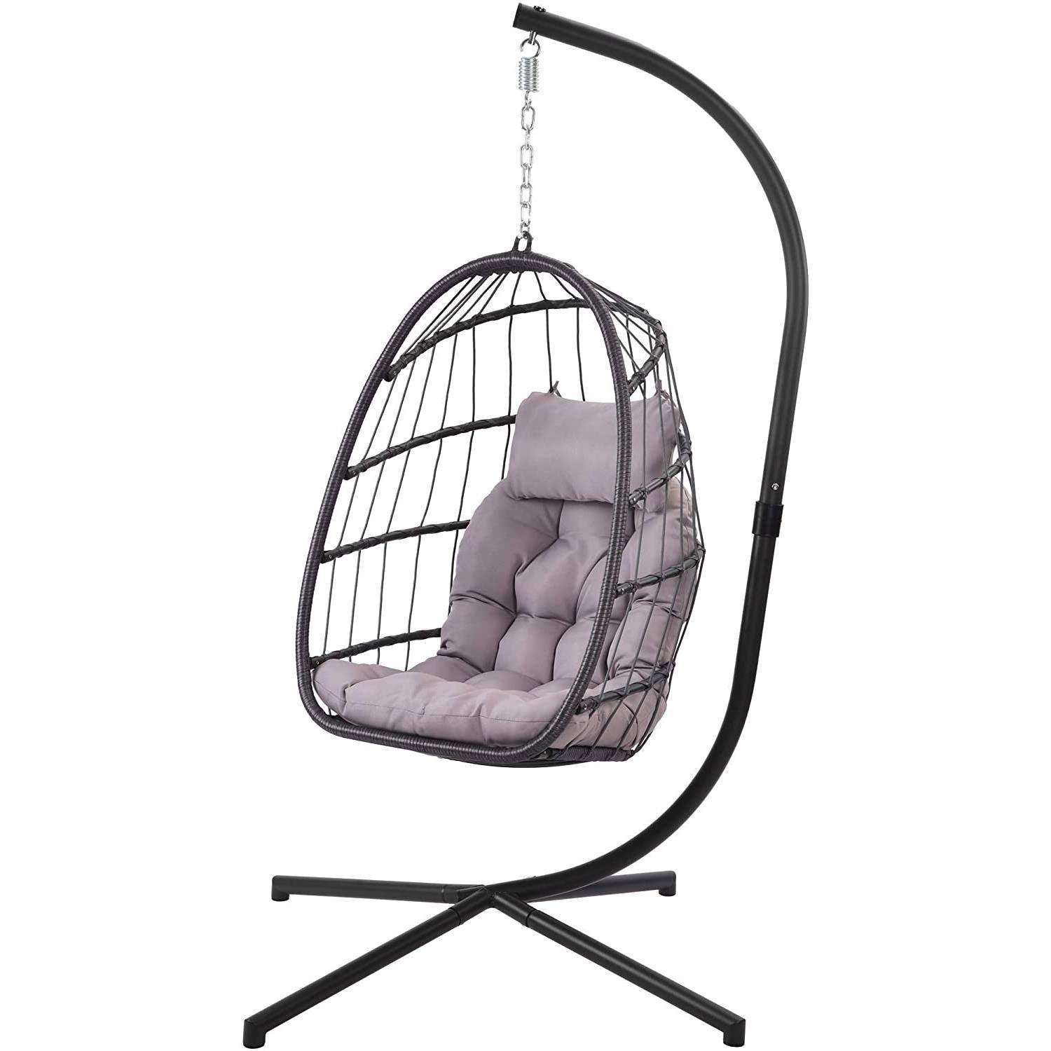 Grey Indoor/Outdoor Wicker Rattan Aluminum Frame Swing Egg Chair Hammock - PRHOMZ