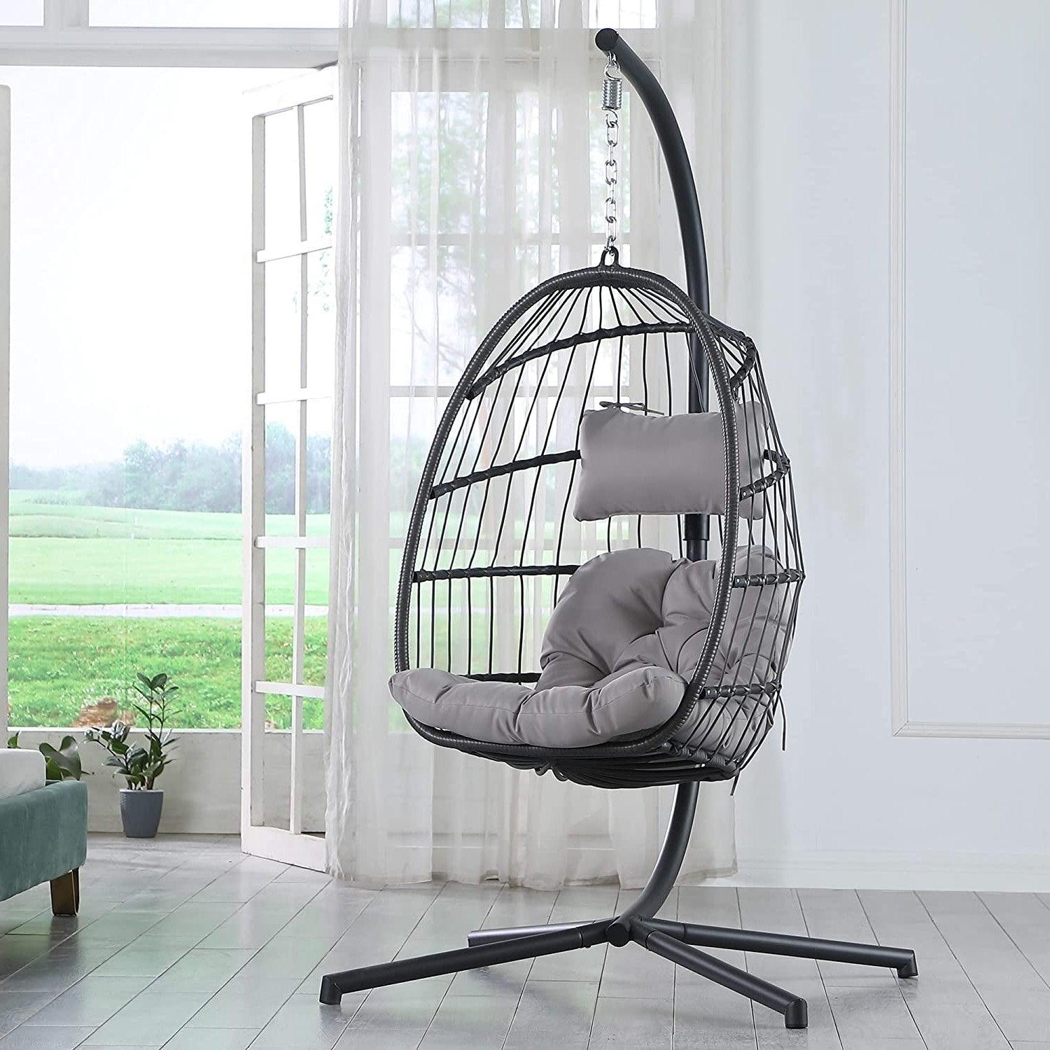 Grey Indoor/Outdoor Wicker Rattan Aluminum Frame Swing Egg Chair Hammock - PRHOMZ