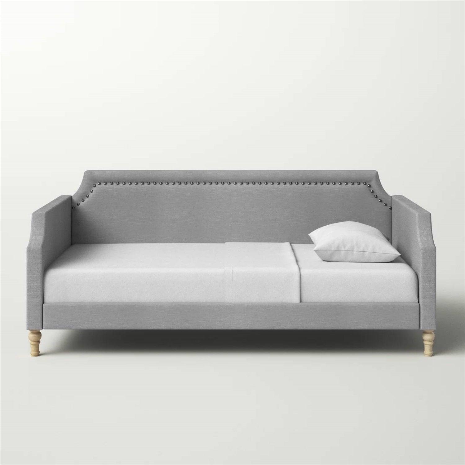 Twin size Grey Polyester Fabric Upholstered Daybed with Nailhead Trim - PRHOMZ