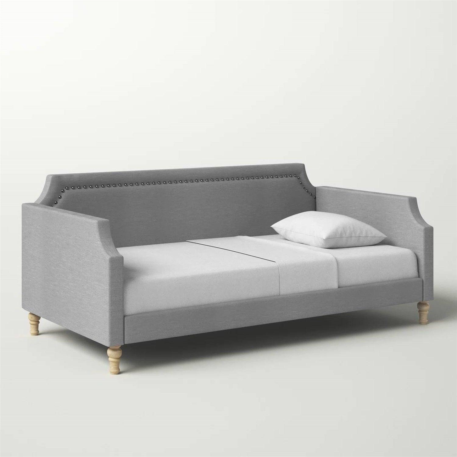 Twin size Grey Polyester Fabric Upholstered Daybed with Nailhead Trim - PRHOMZ
