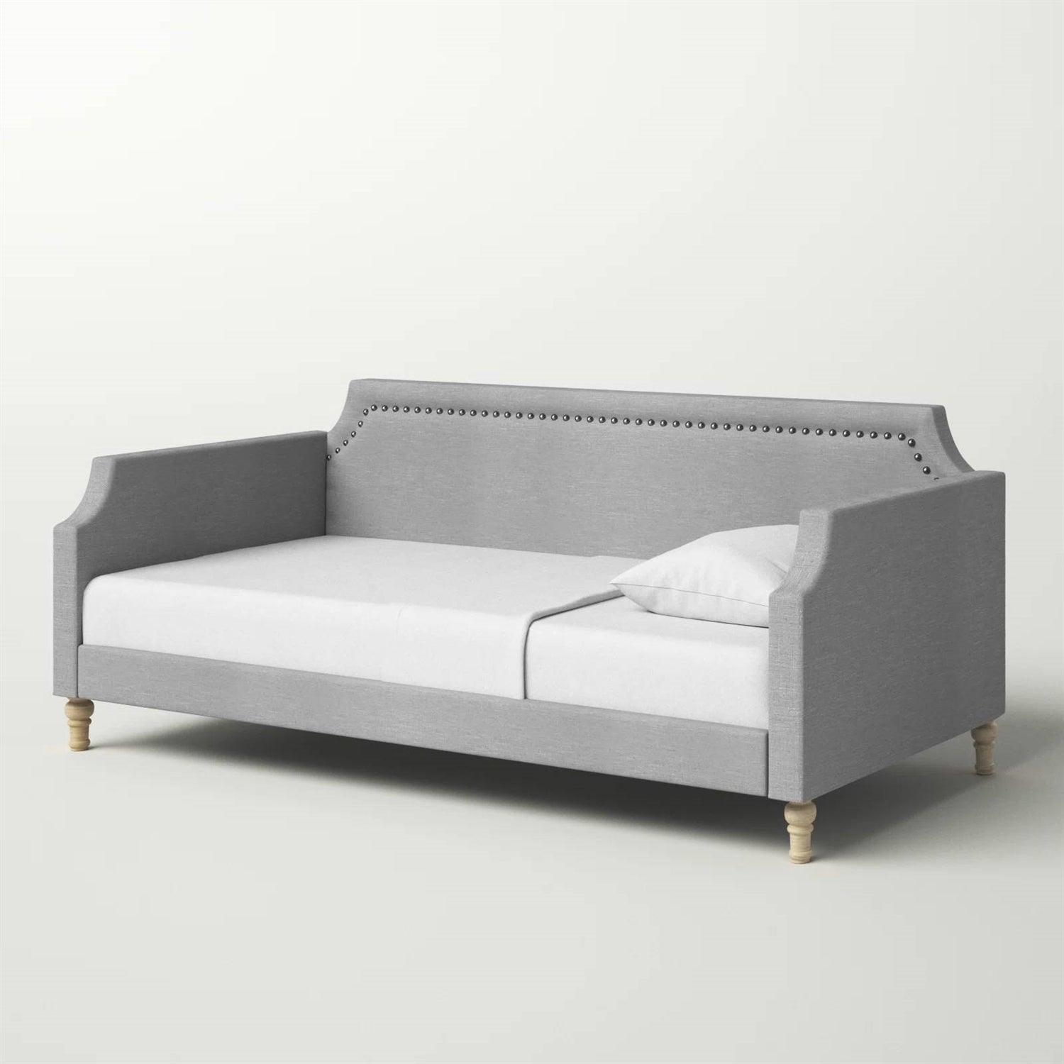 Twin size Grey Polyester Fabric Upholstered Daybed with Nailhead Trim - PRHOMZ