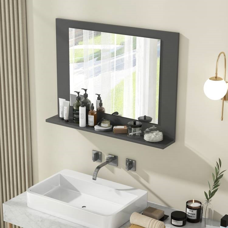 Rectangular 23 x 17 inch Bathroom Mirror with Storage Shelf in Grey Wood Finish-1