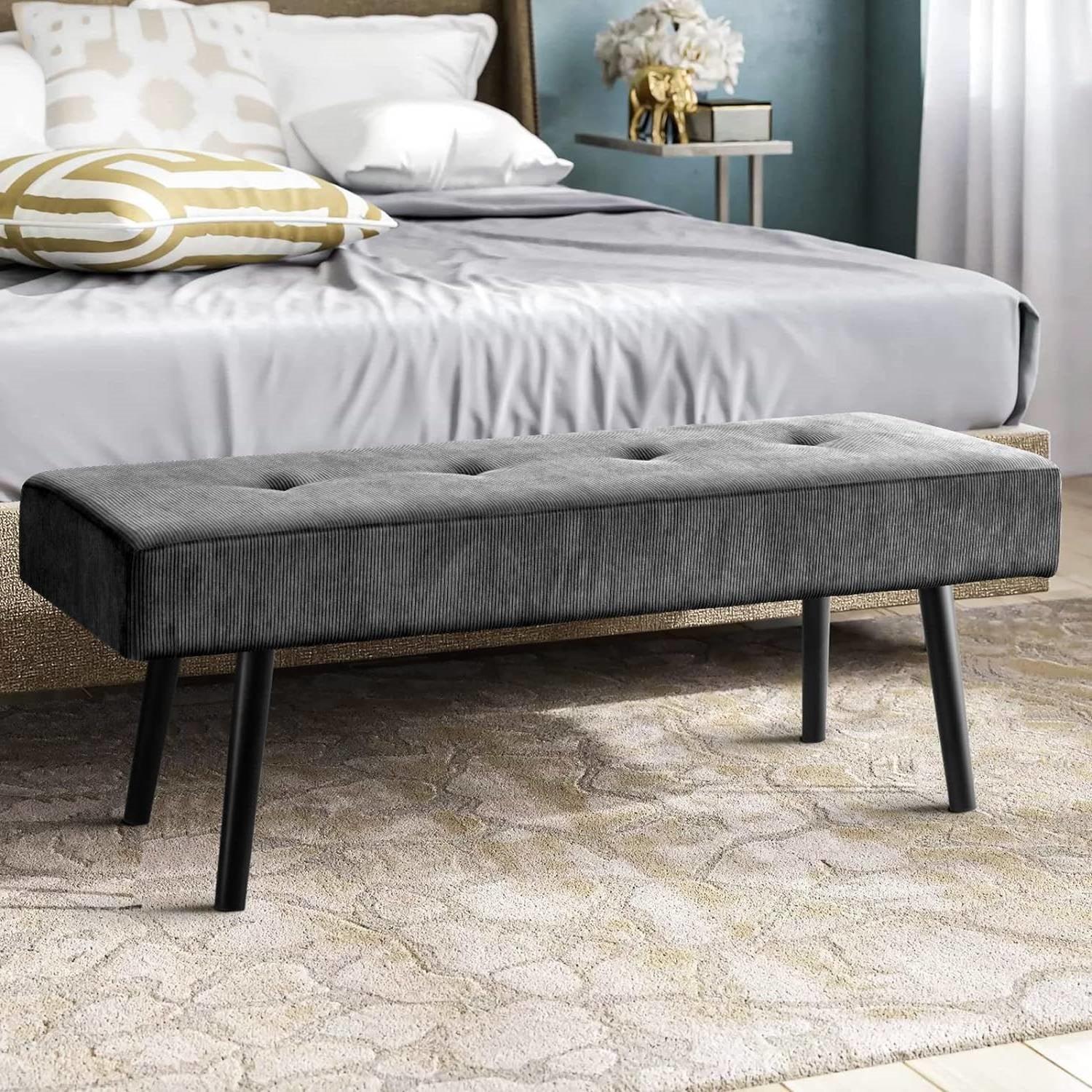 Mid-Century Grey Corduroy Upholstered End of Bed Bench with Black Metal Legs - PRHOMZ