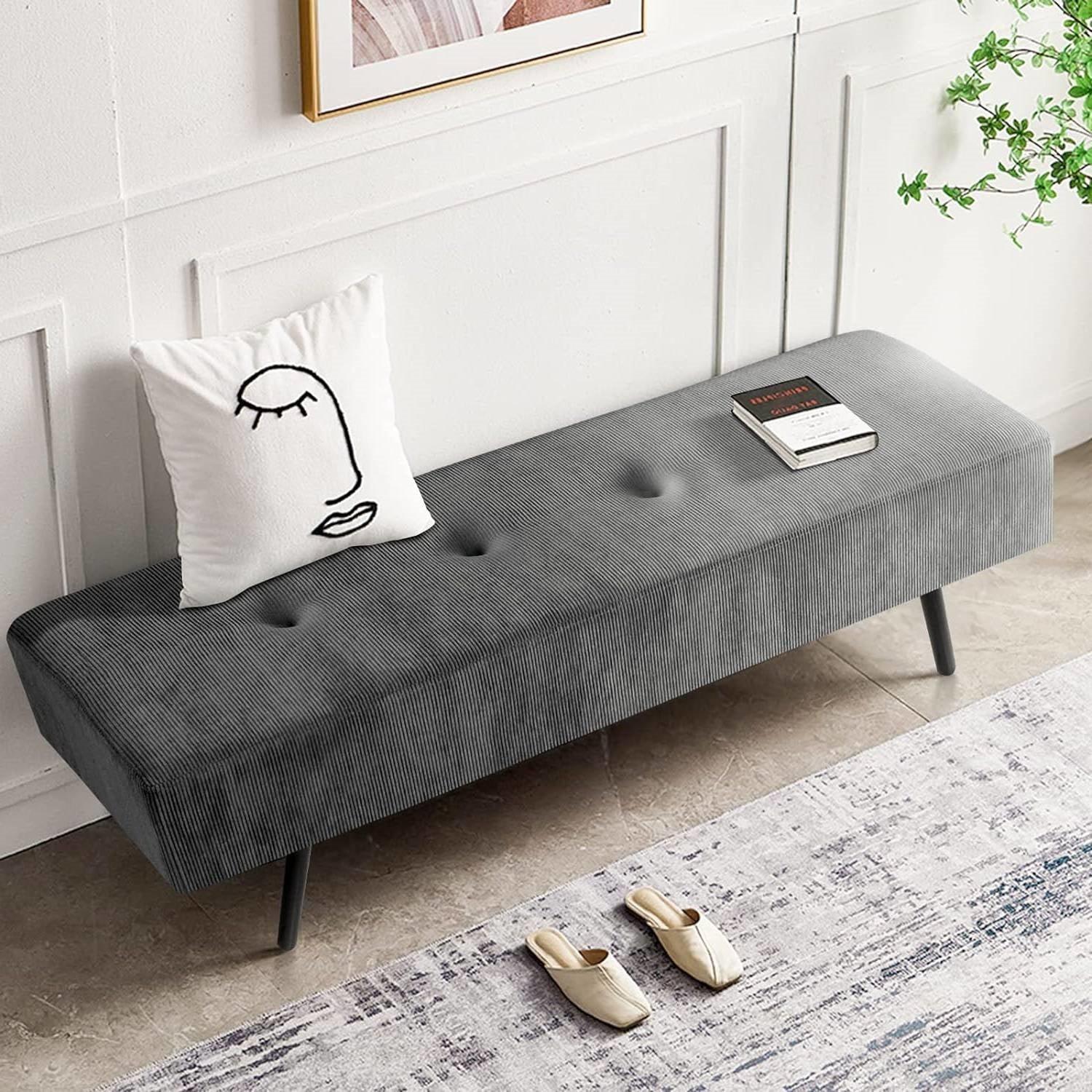 Mid-Century Grey Corduroy Upholstered End of Bed Bench with Black Metal Legs - PRHOMZ