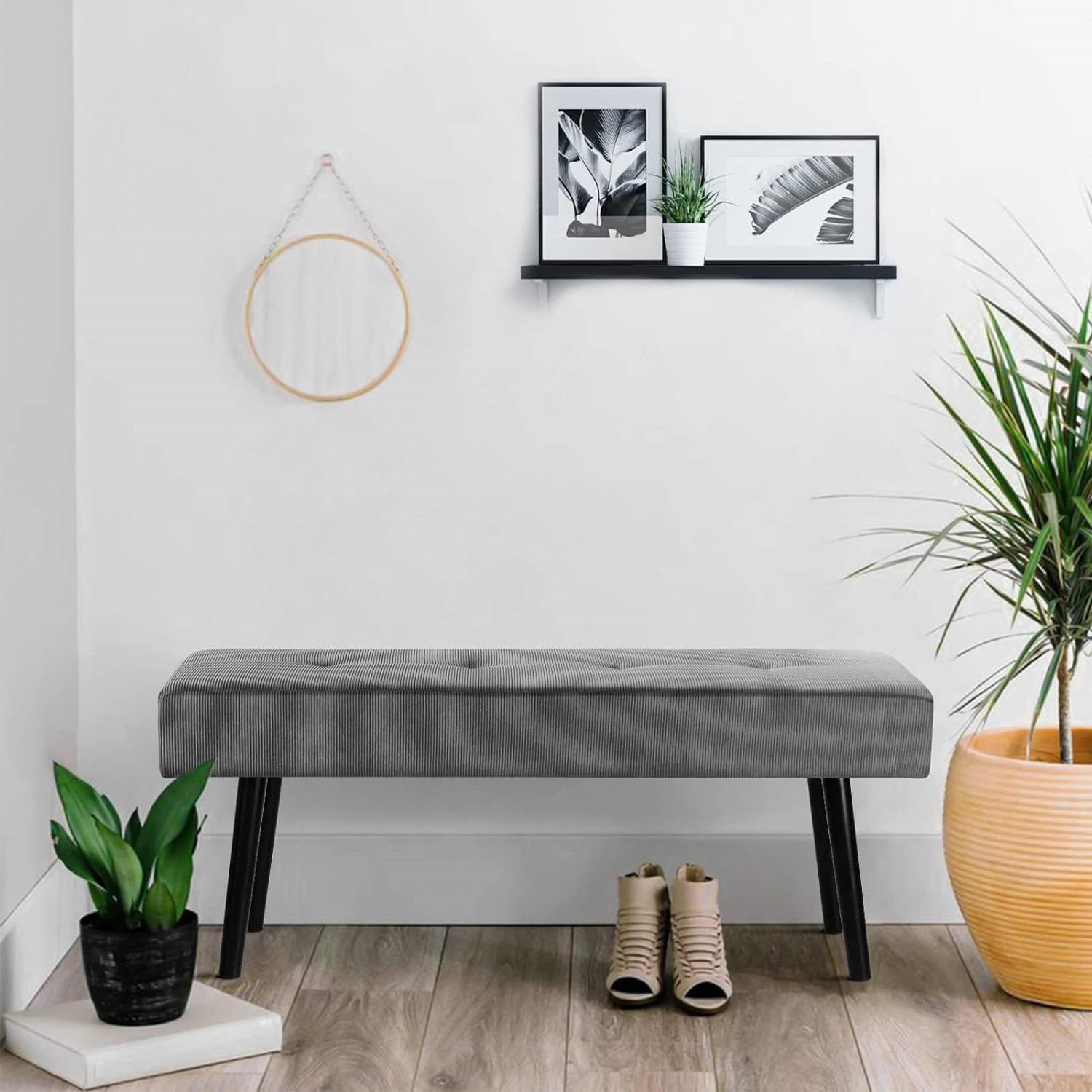 Mid-Century Grey Corduroy Upholstered End of Bed Bench with Black Metal Legs - PRHOMZ