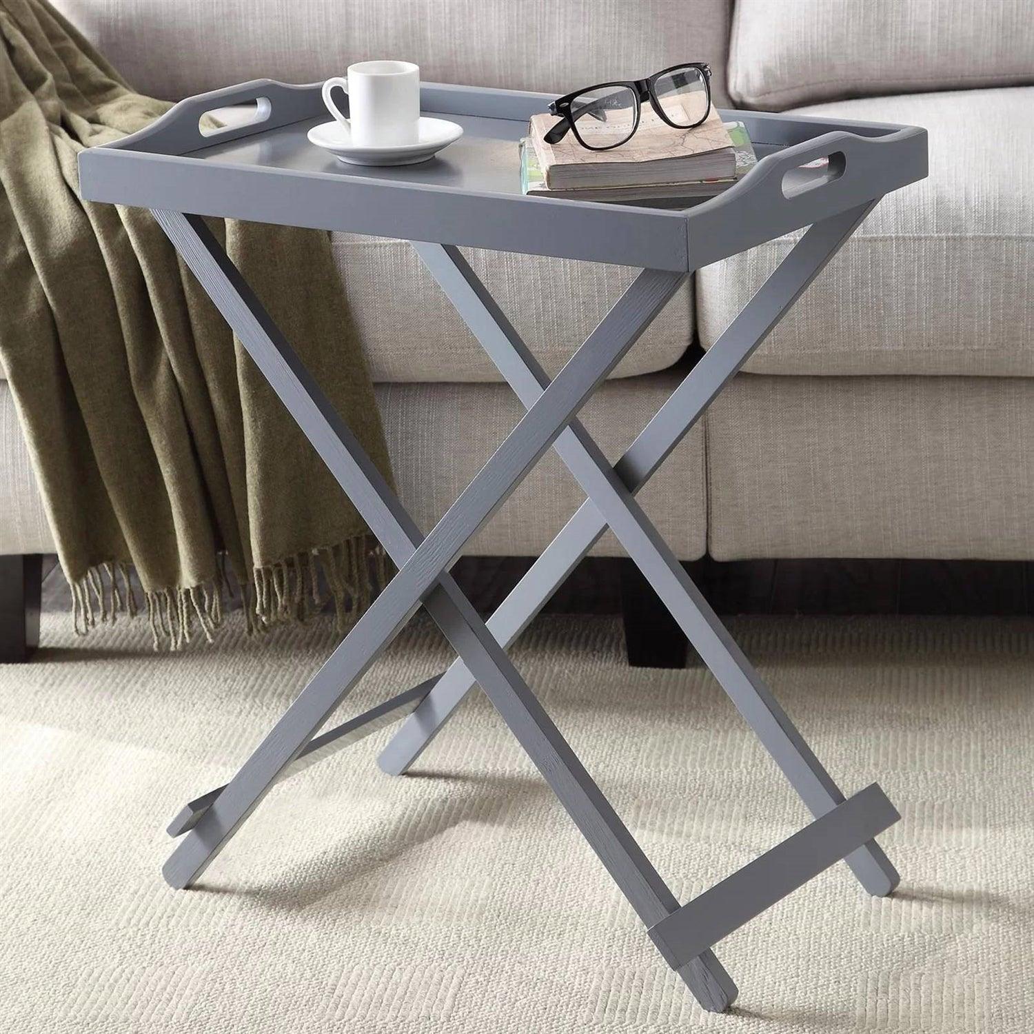 Folding TV Tray Bedside Table in Grey Wood Finish - PRHOMZ