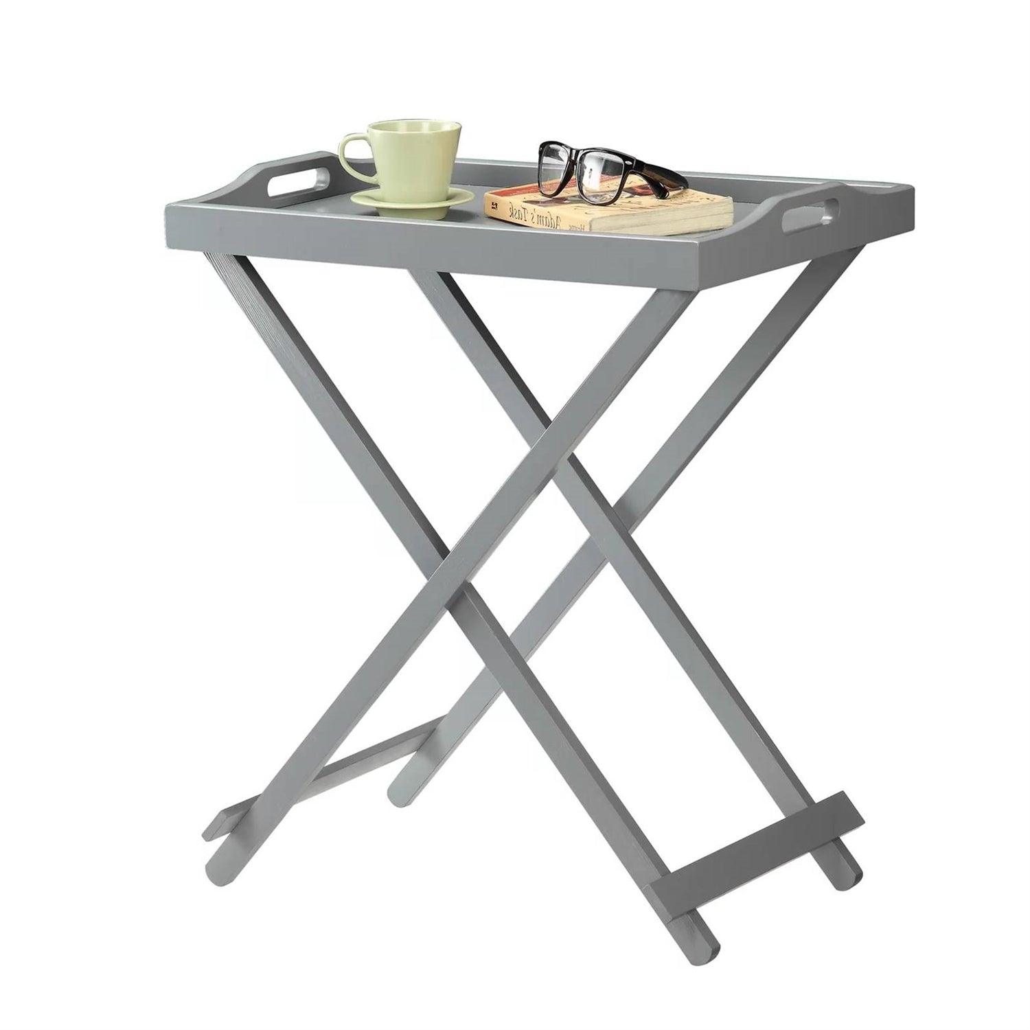 Folding TV Tray Bedside Table in Grey Wood Finish - PRHOMZ
