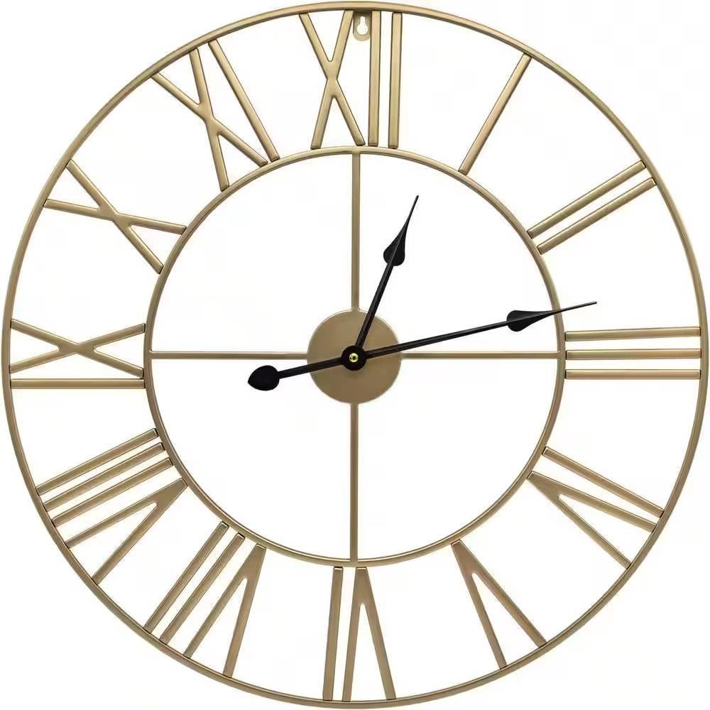 Round 24-inch Decorative Gold Metal Wall Clock Roman Numerals and Black Hands - PRHOMZ