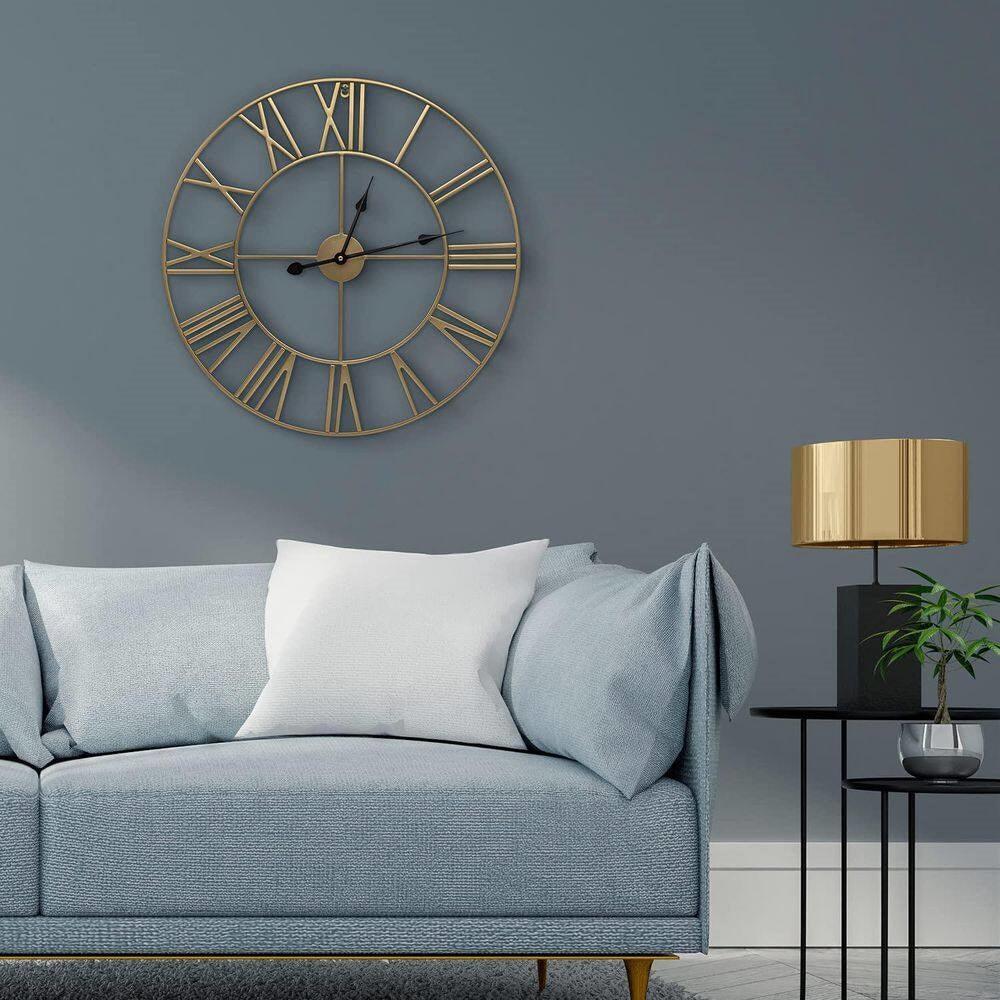 Round 24-inch Decorative Gold Metal Wall Clock Roman Numerals and Black Hands - PRHOMZ