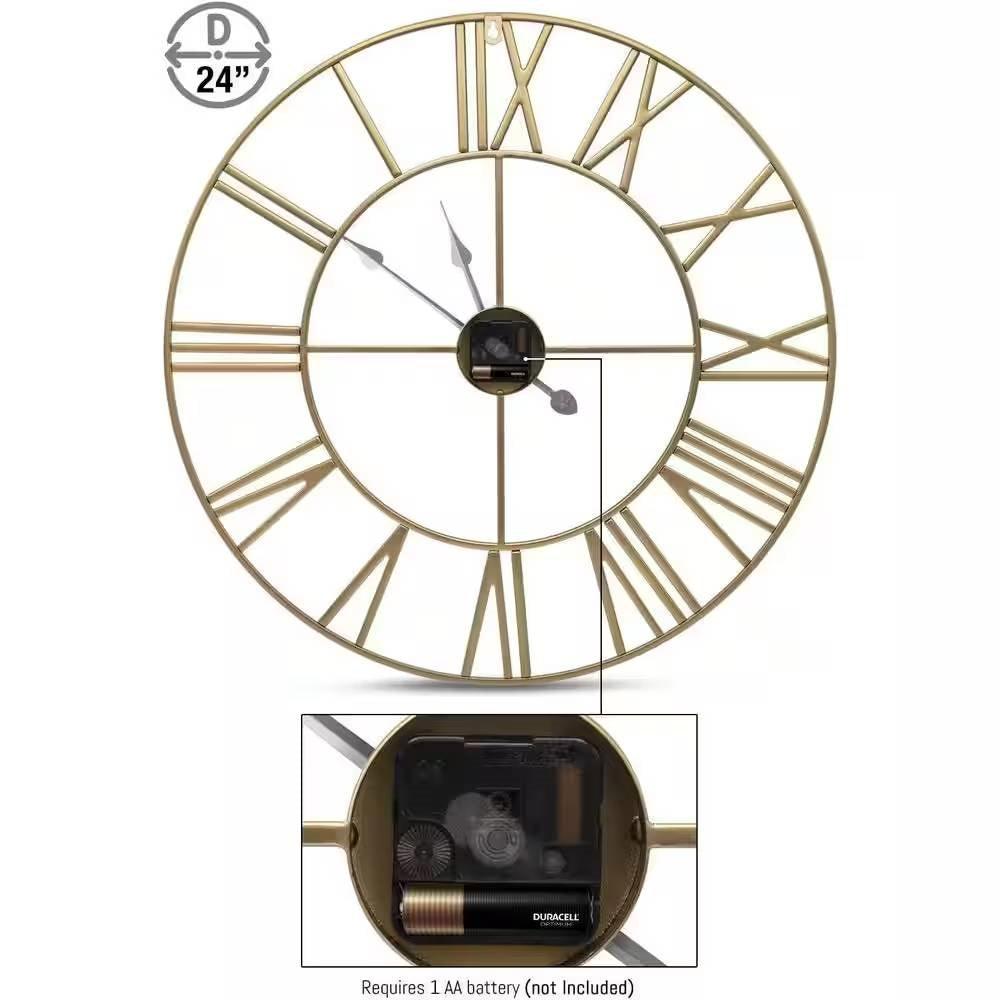 Round 24-inch Decorative Gold Metal Wall Clock Roman Numerals and Black Hands - PRHOMZ