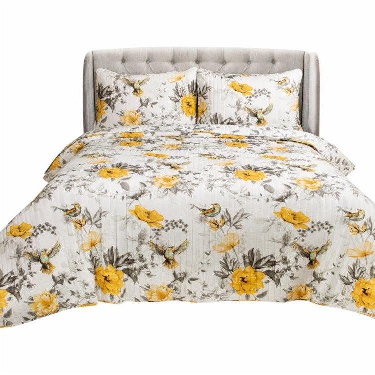 Full/Queen 3 Piece White Yellow Grey Reversible Floral Birds Cotton Quilt Set - PRHOMZ