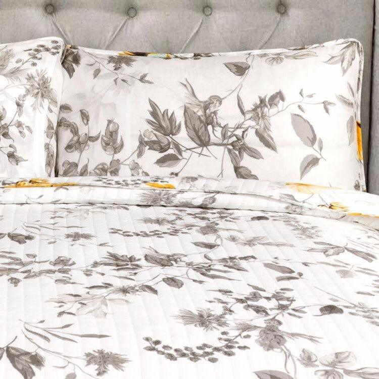 Full/Queen 3 Piece White Yellow Grey Reversible Floral Birds Cotton Quilt Set - PRHOMZ