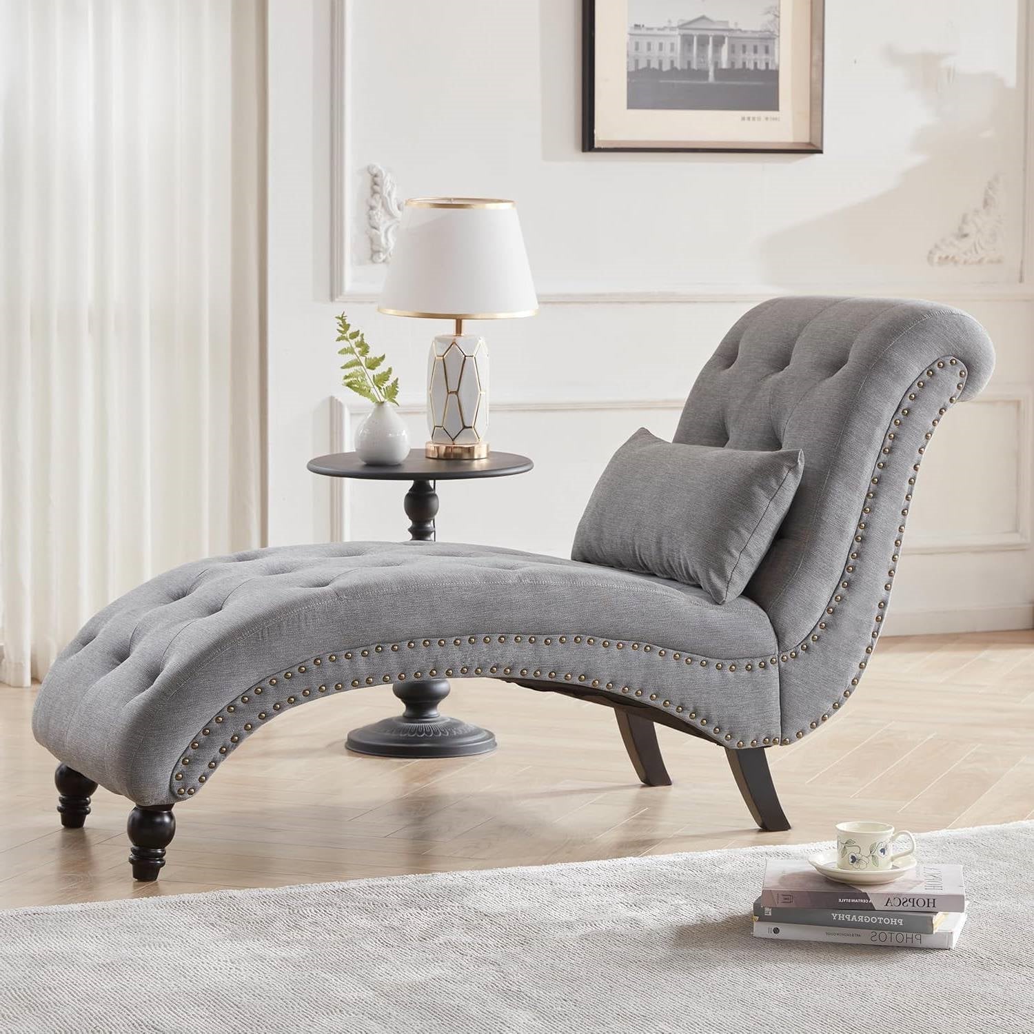 Grey Linen Upholstered Armless Chaise Lounge Chair with Pillow-2