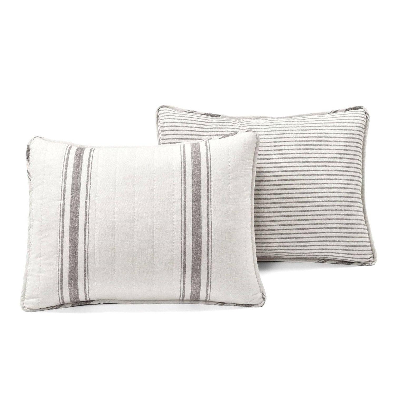 Full / Queen Grey Off-White 3 Piece Stripe Reversible Cotton Quilt Set - PRHOMZ