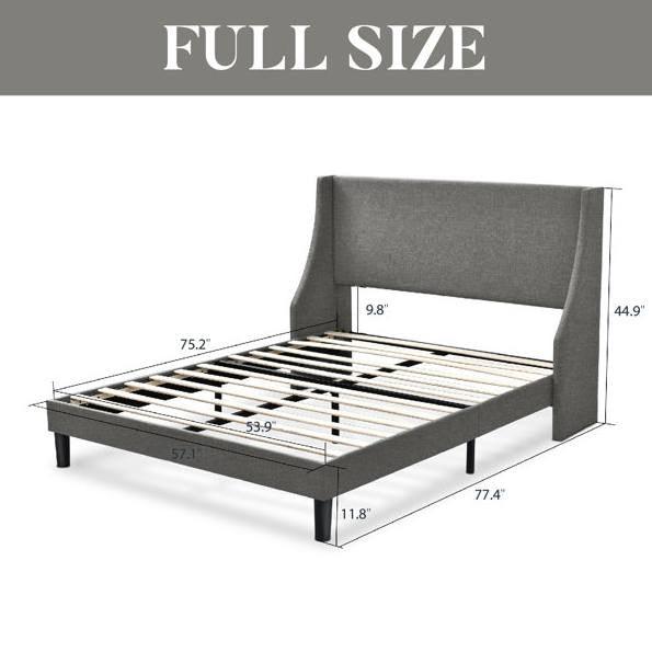 Full Size Grey Linen Blend Upholstered Platform Bed with Wingback Headboard - PRHOMZ