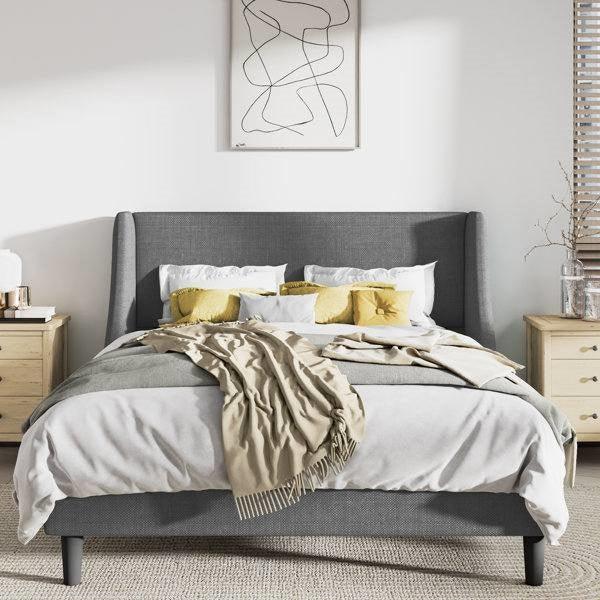 King Size Upholstered Linen Blend Headboard Wingback Platform Bed in Grey - PRHOMZ