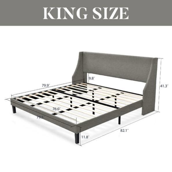 King Size Upholstered Linen Blend Headboard Wingback Platform Bed in Grey - PRHOMZ