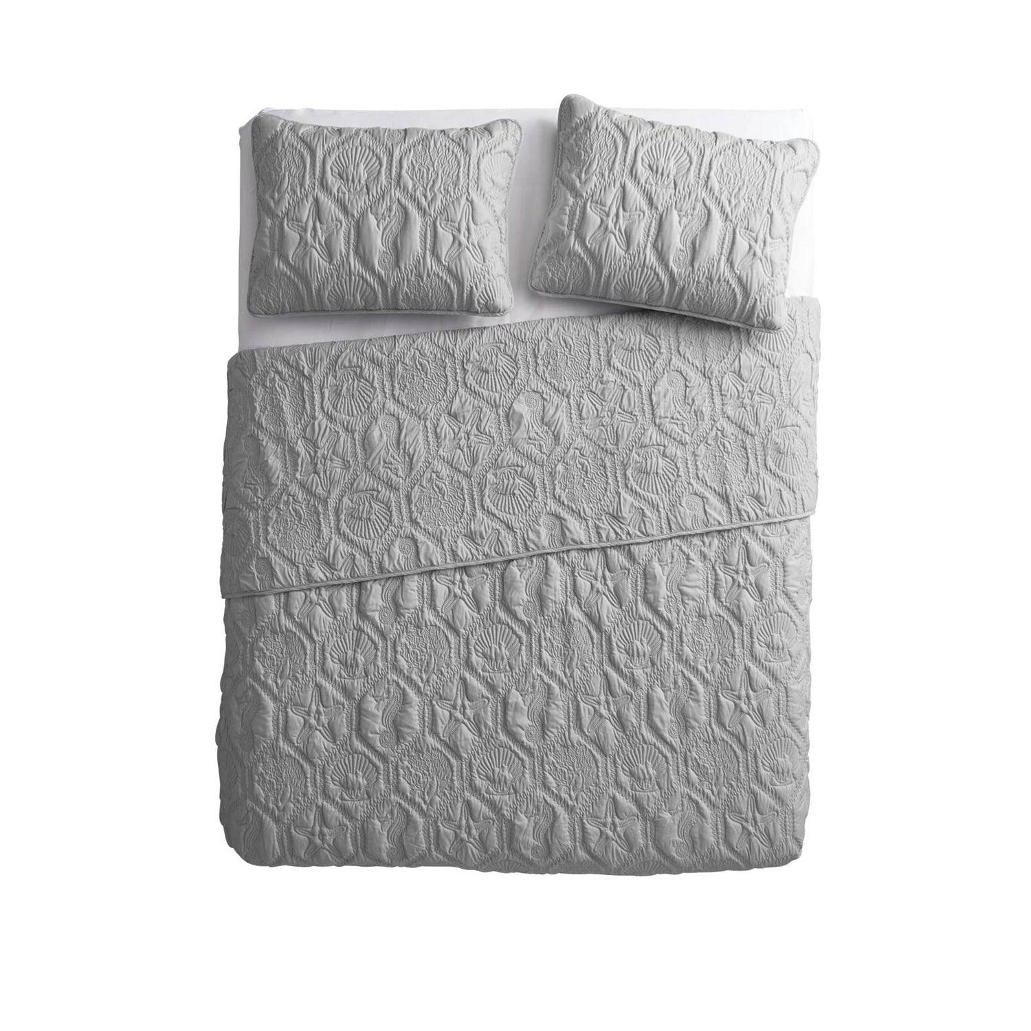 King Coastal Beach Embossed Starfish Seashell Seahorse Grey 3-Piece Quilt Set - PRHOMZ