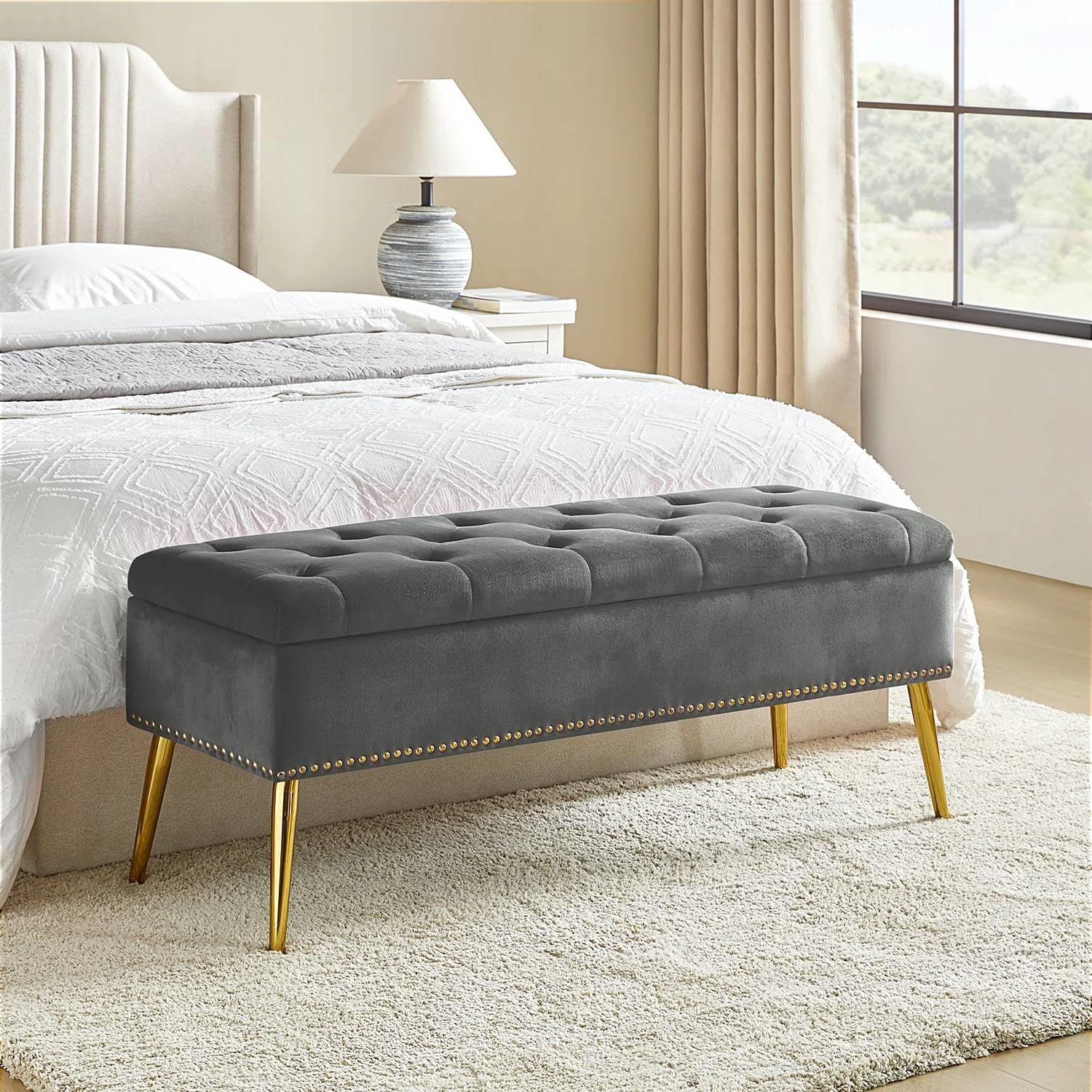 Mid-Century Modern End of Bed Storage Bench with Gray Velvet Seat and Gold Legs - PRHOMZ