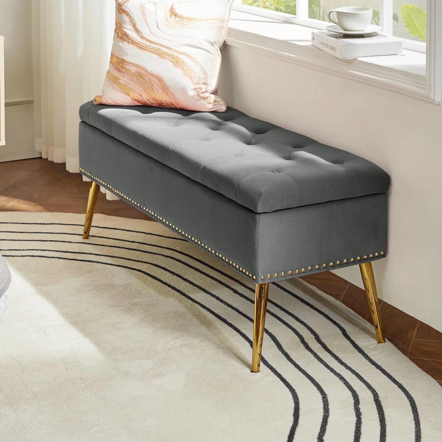 Mid-Century Modern End of Bed Storage Bench with Gray Velvet Seat and Gold Legs - PRHOMZ