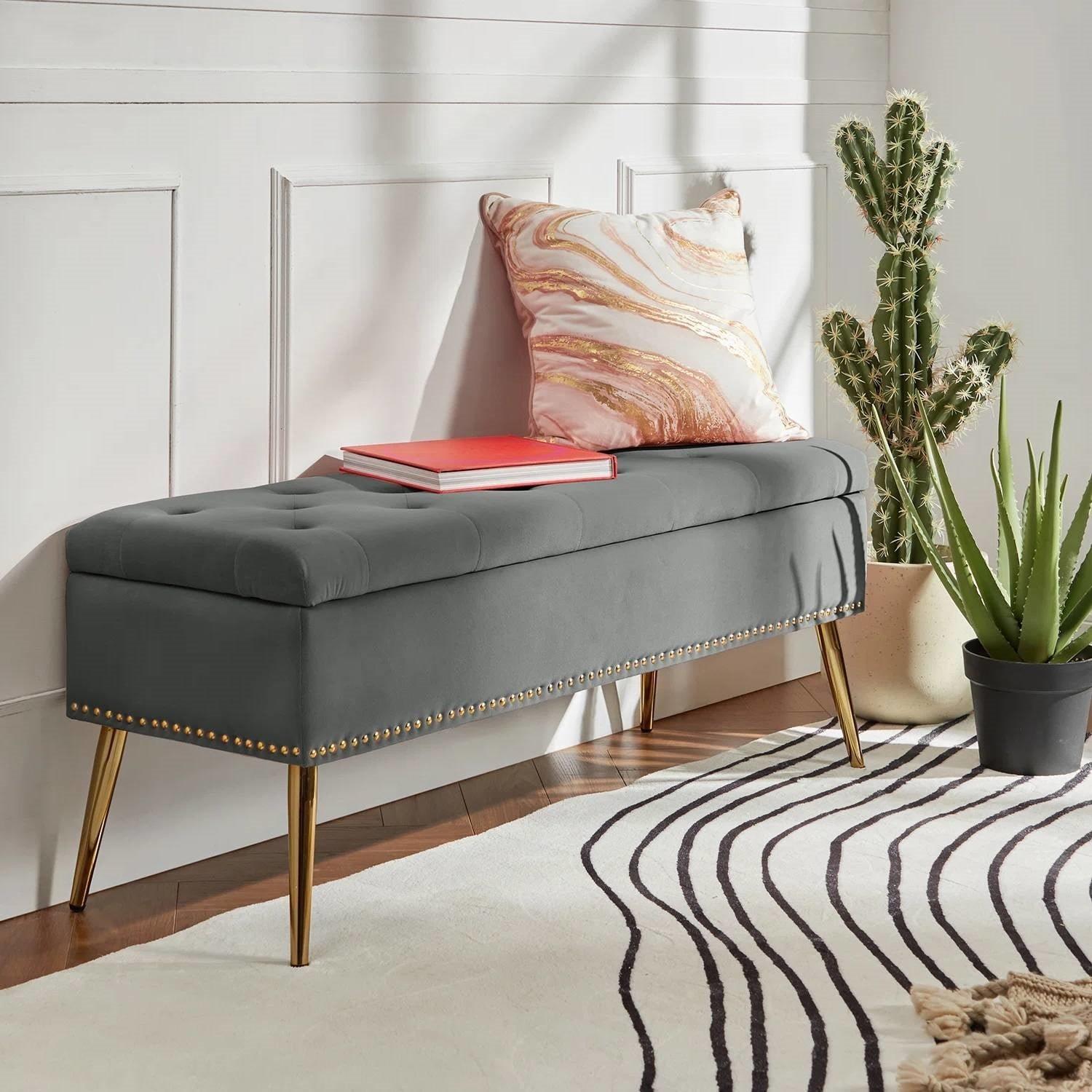 Mid-Century Modern End of Bed Storage Bench with Gray Velvet Seat and Gold Legs - PRHOMZ