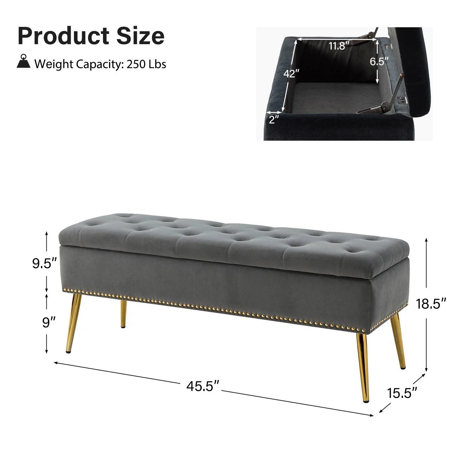 Mid-Century Modern End of Bed Storage Bench with Gray Velvet Seat and Gold Legs - PRHOMZ