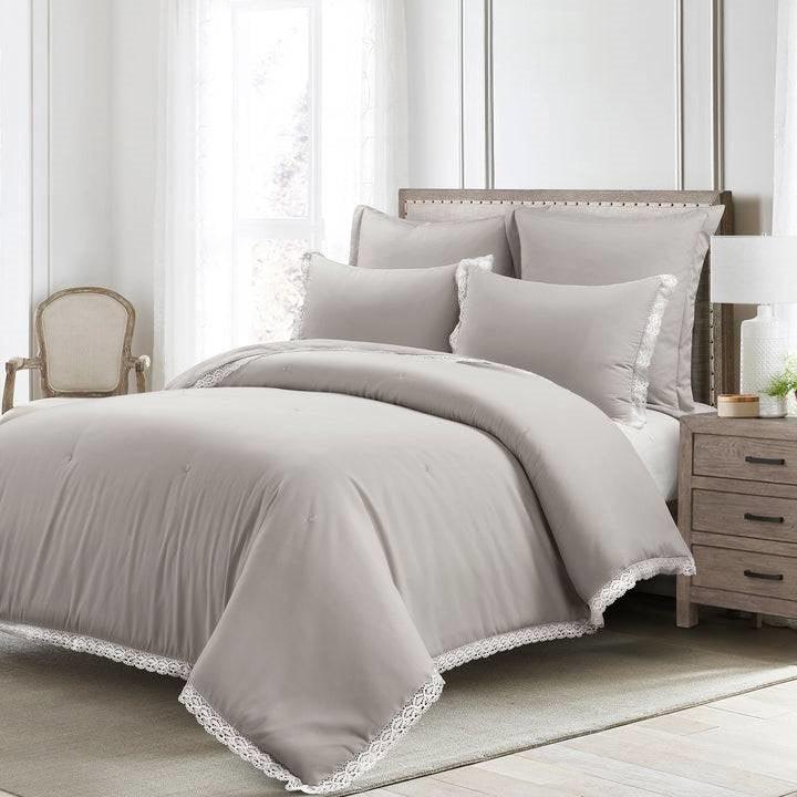 Full/Queen French Country Grey 5-Piece Lightweight Comforter Set w/ Lace Trim - PRHOMZ