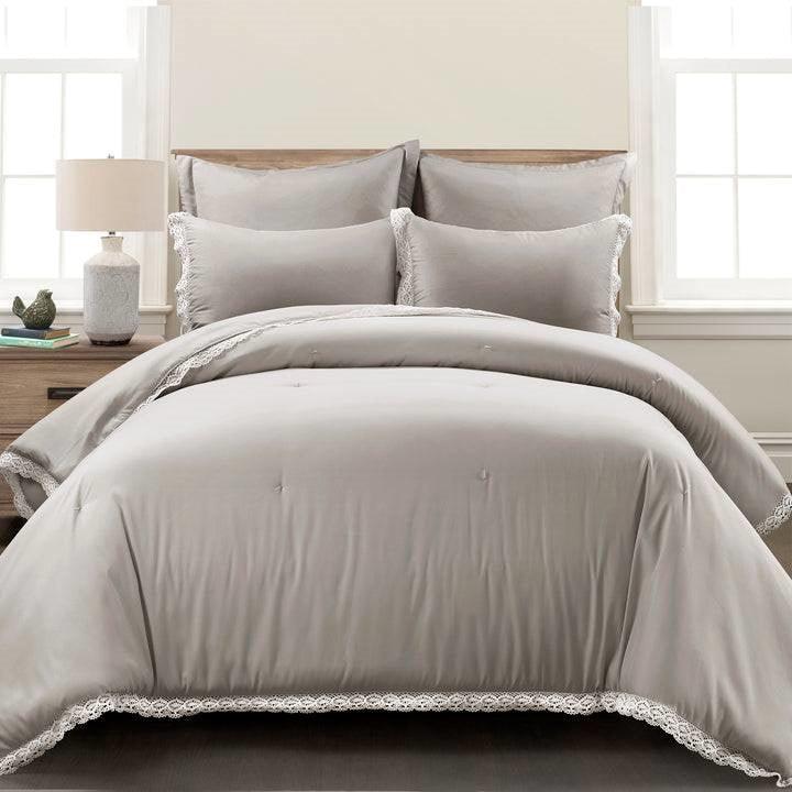 Full/Queen French Country Grey 5-Piece Lightweight Comforter Set w/ Lace Trim - PRHOMZ