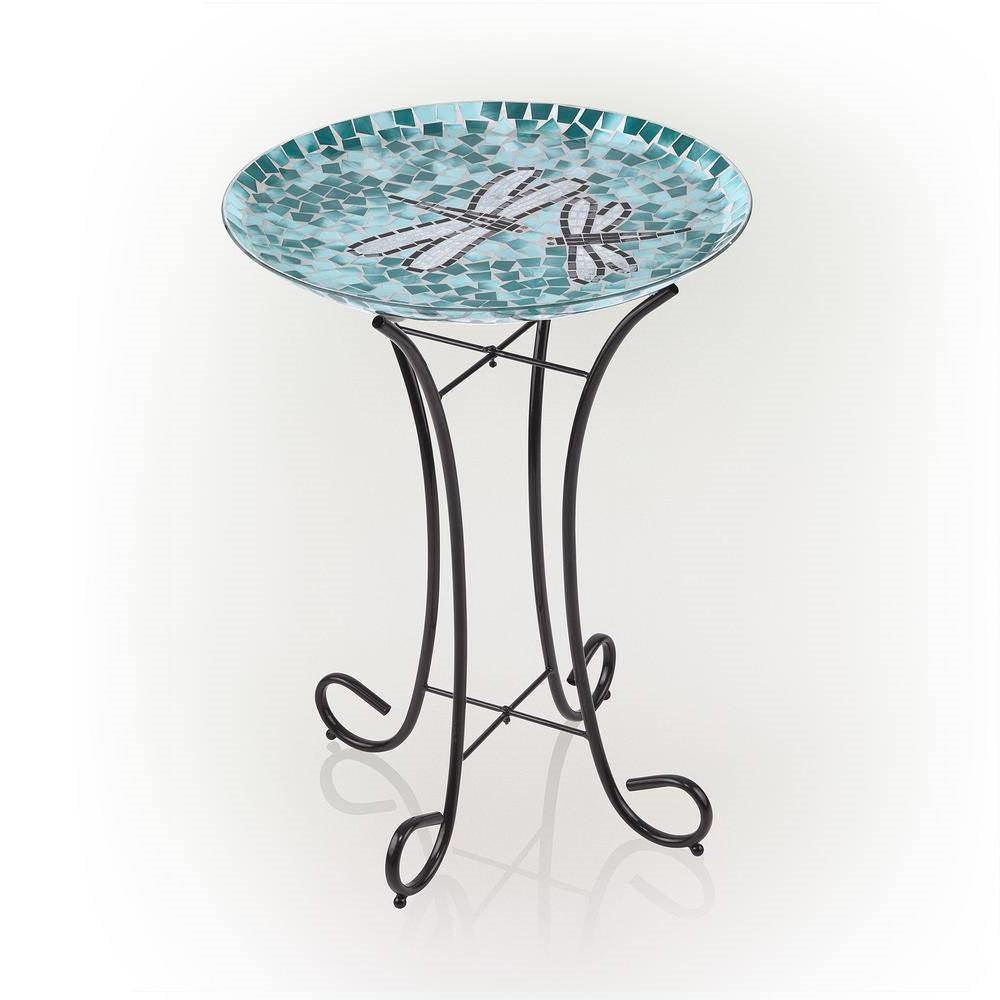 Teal Green Blue White Mosaic Glass Birdbath Bowl with Black Metal Stand - PRHOMZ