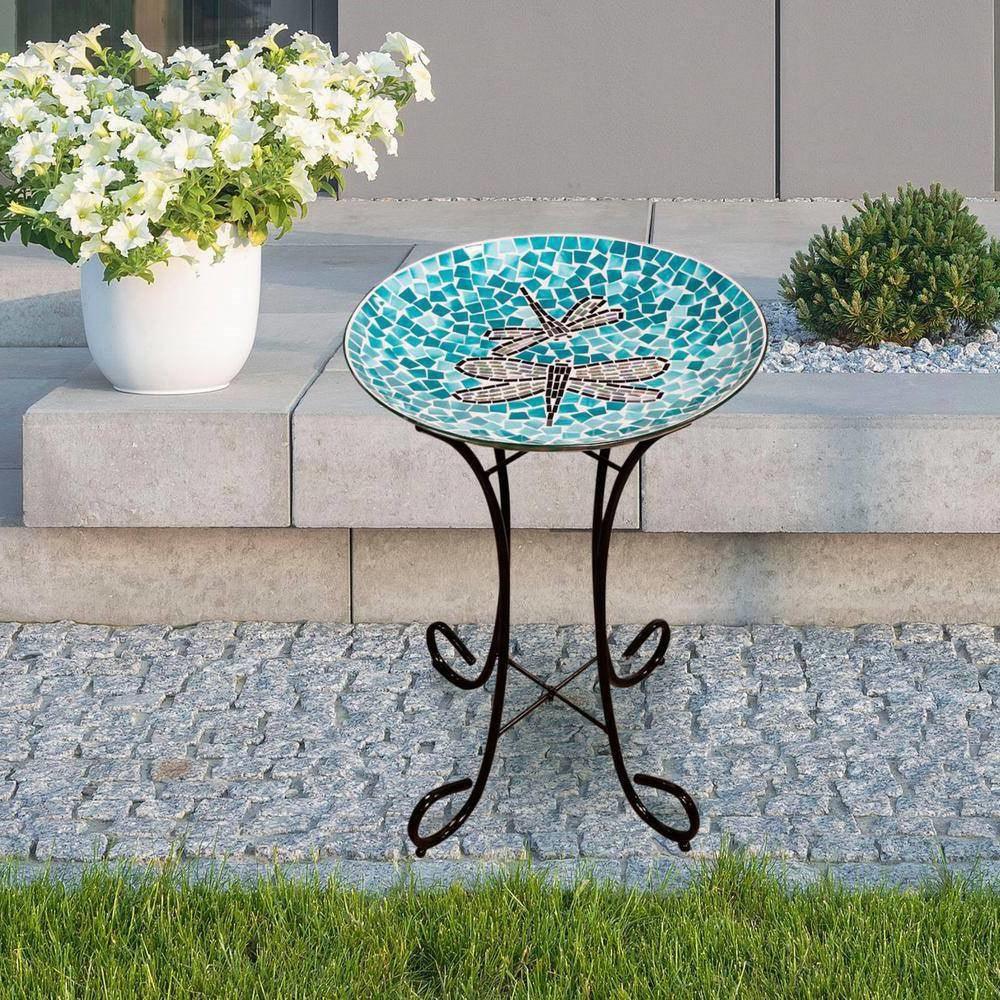 Teal Green Blue White Mosaic Glass Birdbath Bowl with Black Metal Stand - PRHOMZ