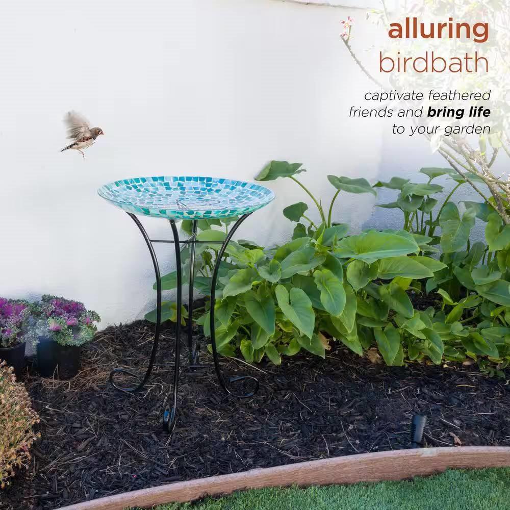 Teal Green Blue White Mosaic Glass Birdbath Bowl with Black Metal Stand - PRHOMZ