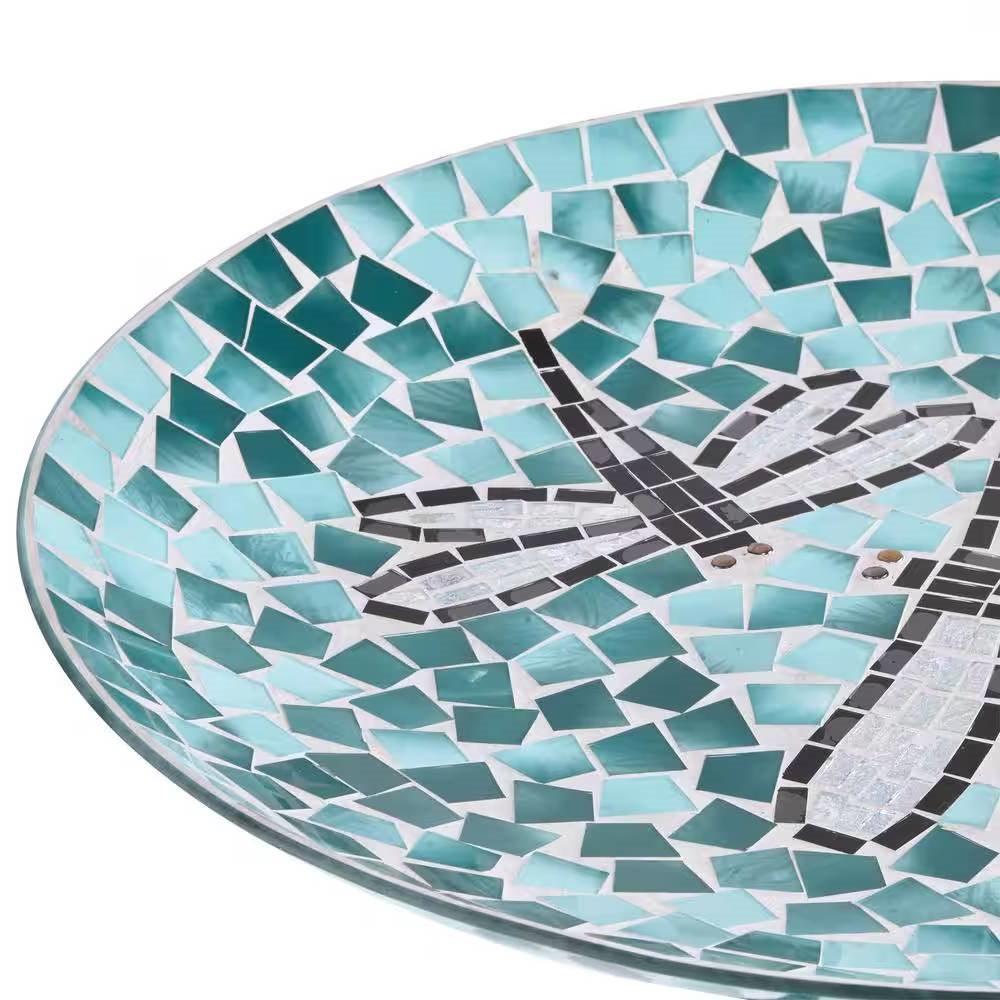Teal Green Blue White Mosaic Glass Birdbath Bowl with Black Metal Stand - PRHOMZ