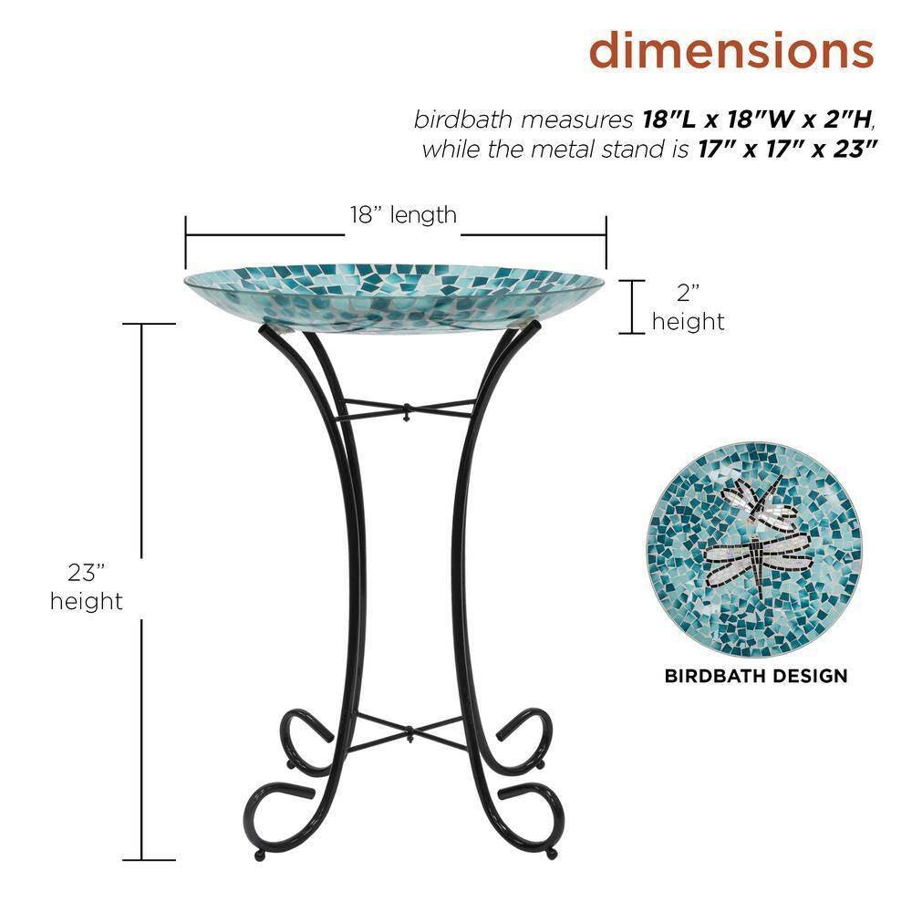 Teal Green Blue White Mosaic Glass Birdbath Bowl with Black Metal Stand - PRHOMZ