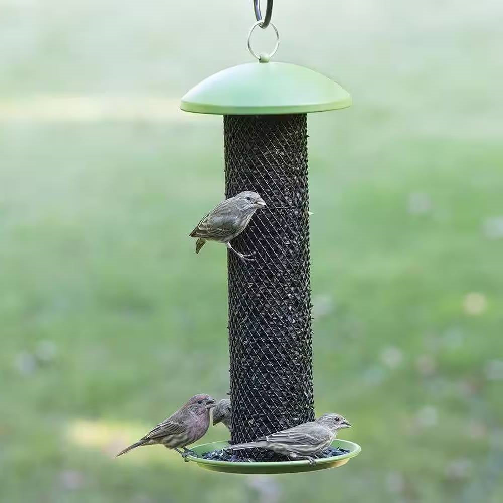 Outdoor Metal Mesh Tube Hanging Bird Feeder with Green Top and Perch-0