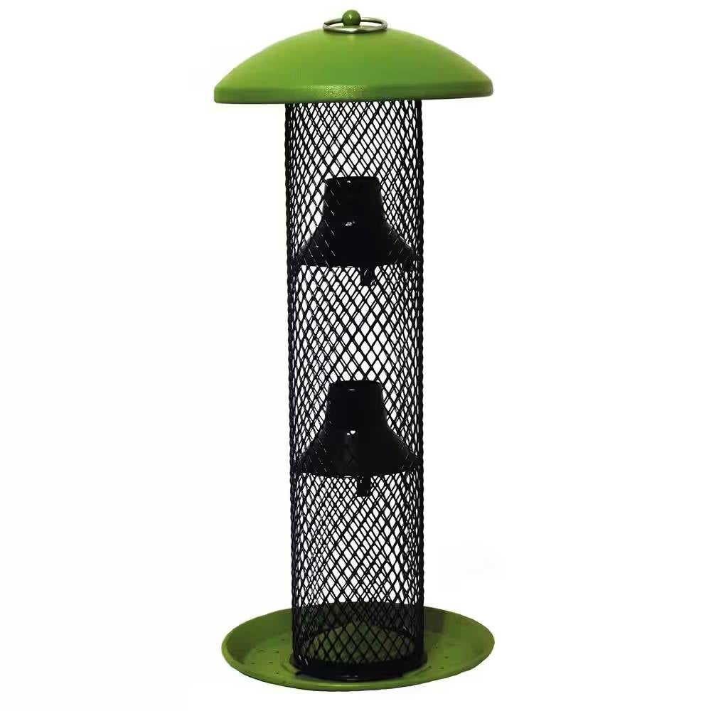 Outdoor Metal Mesh Tube Hanging Bird Feeder with Green Top and Perch-1