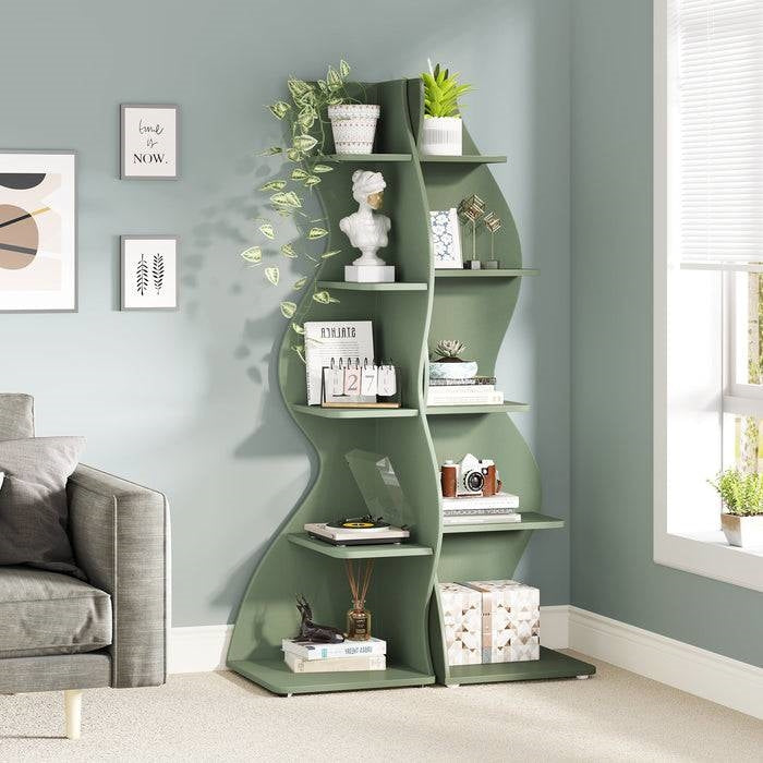 Modern Whimsical 5 Shelf Corner Bookcase in Green Wood Finish-2