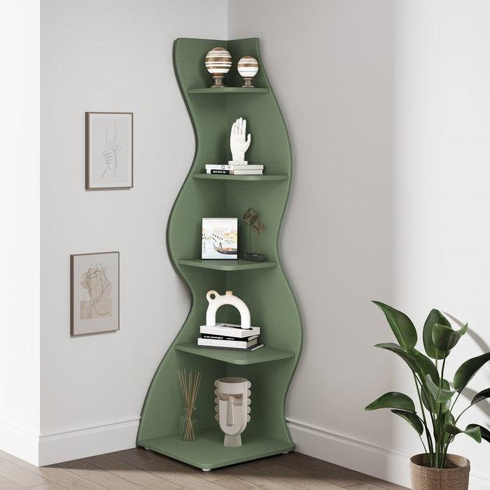 Modern Whimsical 5 Shelf Corner Bookcase in Green Wood Finish-3