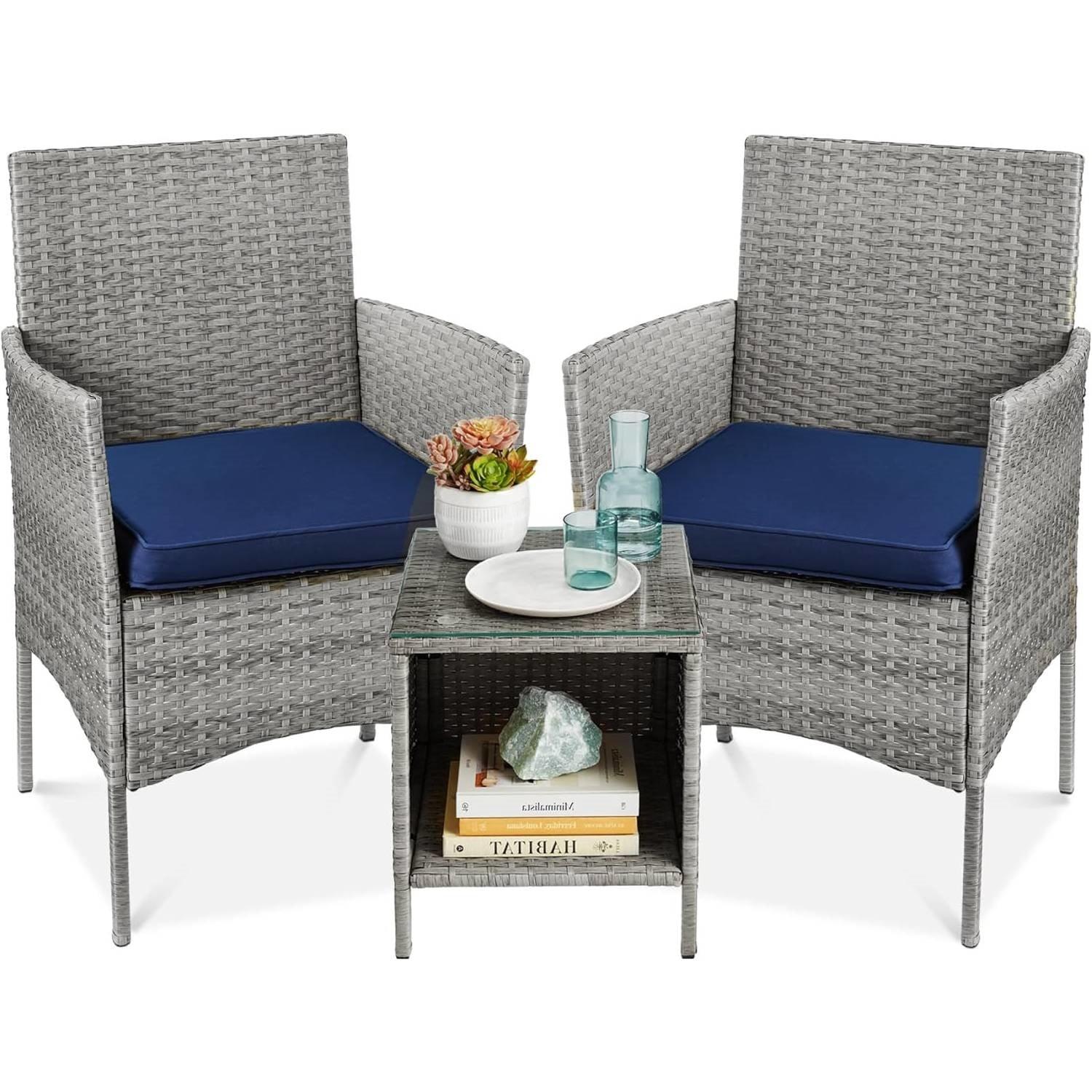 3-Piece Grey PE Wicker Outdoor Patio Furniture Dining Set w/ Navy Blue Cushions - PRHOMZ
