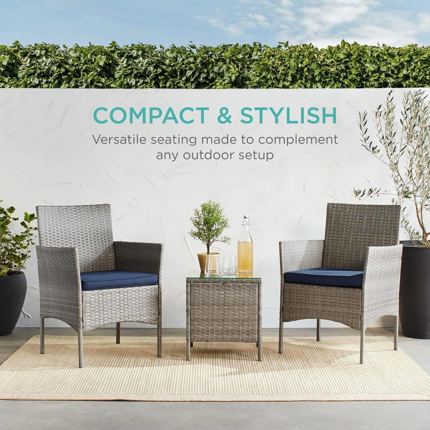 3-Piece Grey PE Wicker Outdoor Patio Furniture Dining Set w/ Navy Blue Cushions - PRHOMZ